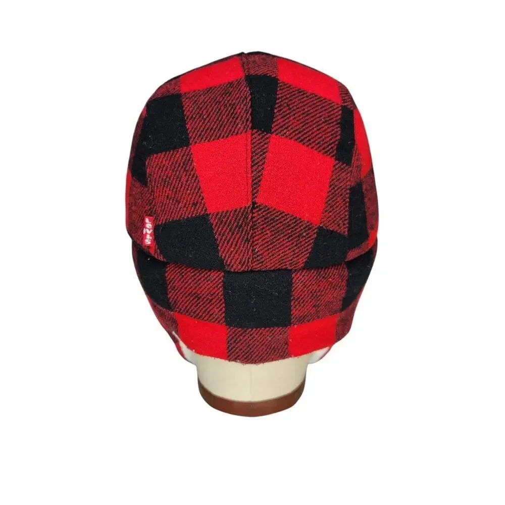 Levi's Plaid Trapper Hat Red Black Sherpa Faux Fur Winter Quilted Wool